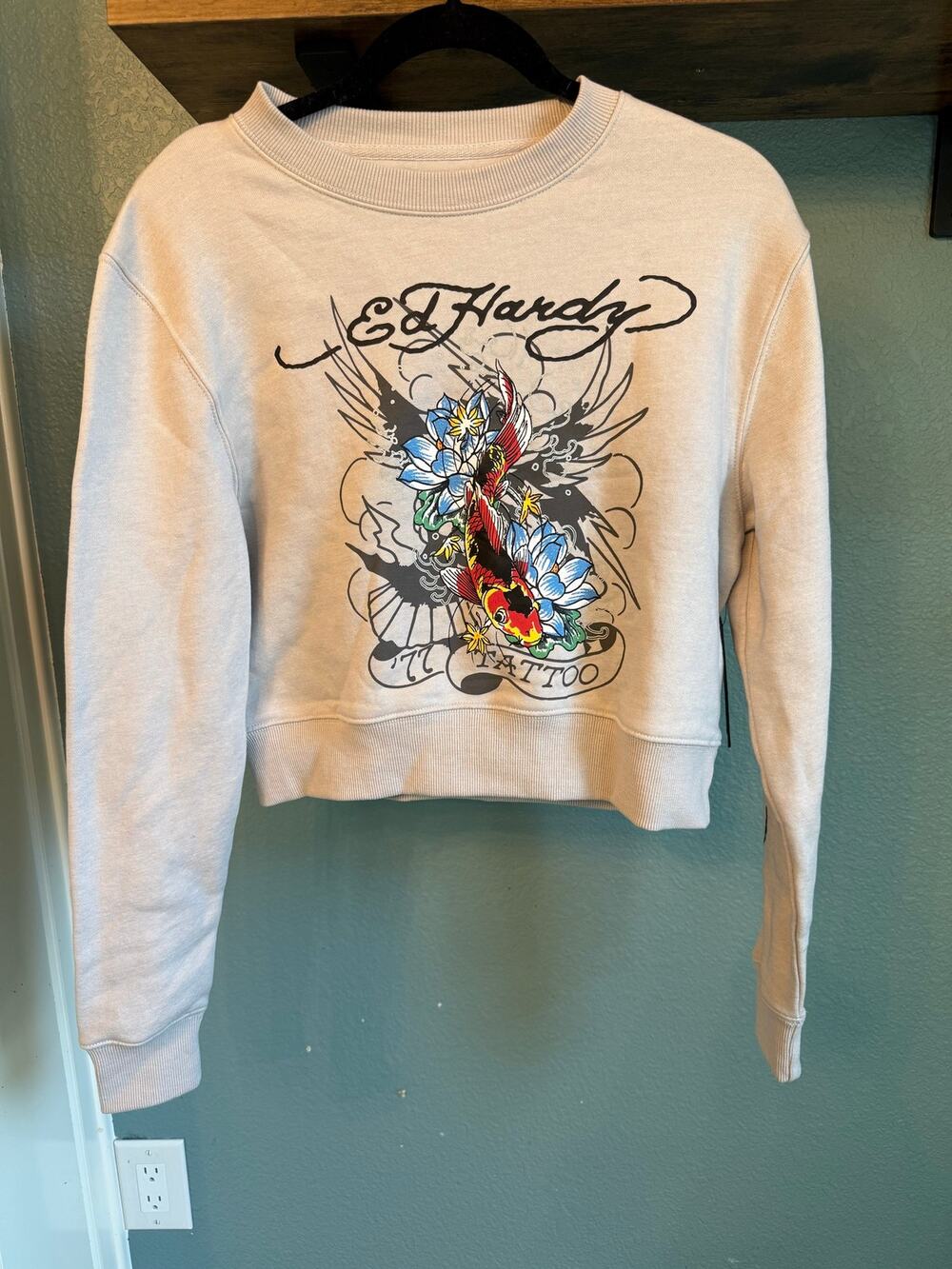 NWT Ed Hardy Koi Fish Tattoo Graphic Cropped Sweatshirt S Soft Gray Y2K